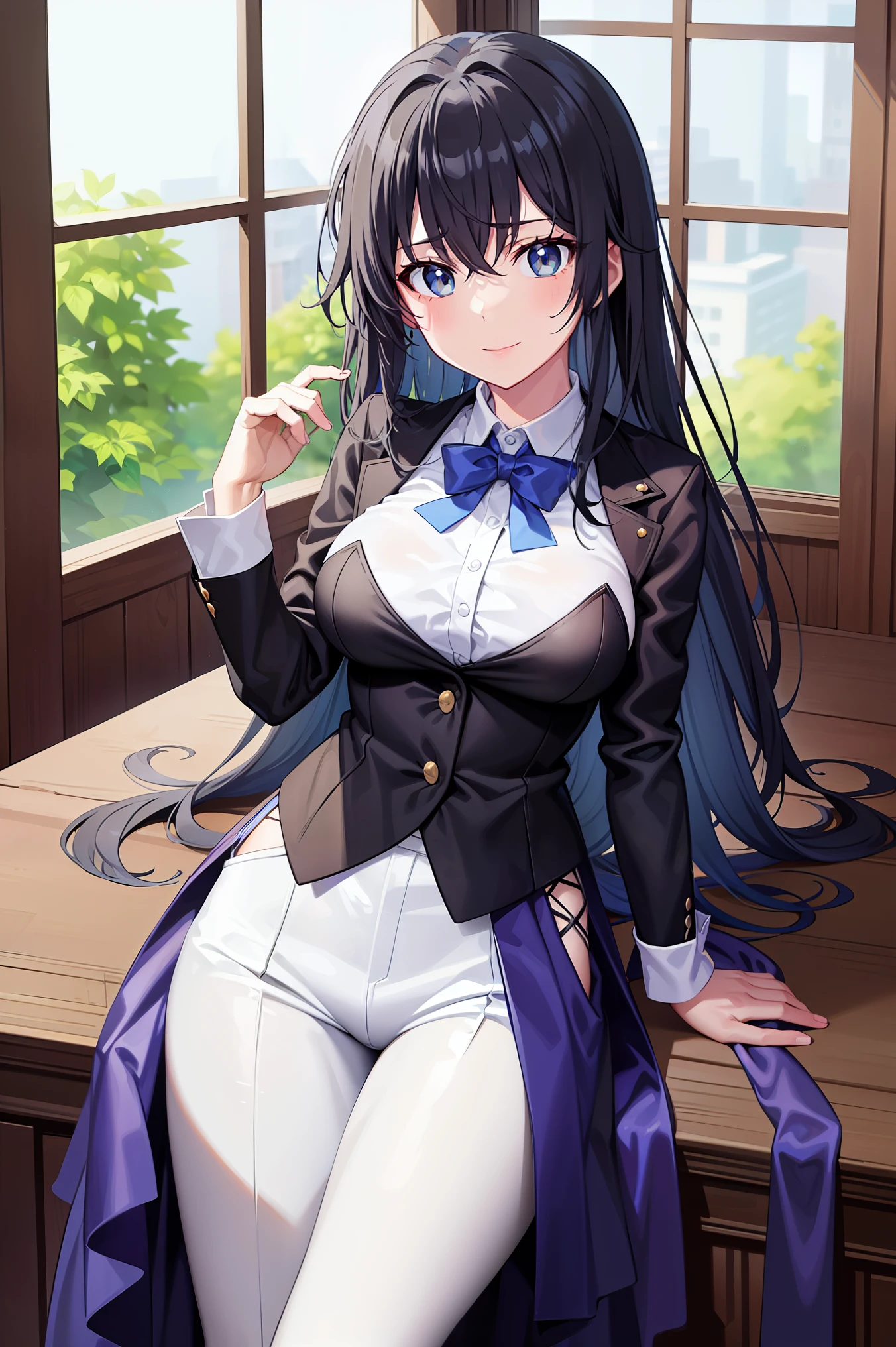 ((highest quality)), ((masterpiece)), (detailed) One girl One girl, ;\), Blurred, Blurred_background, chest, , hair_long logot iting_in_Audience, got it_sign, Open_hand, yukinoshita yukino ,Woman in formal clothes, An intractive coin stands in a large gap in the room , One girl, solo, Blue tie, Black hair, Blue eyes, long hair, smile , Collared shirt, White pants, White shirt , Elegantly designed coin , Stand in front of a window ,Perfectly tailored tailcoin. It has a stunning Victorian design and is made of lustrous fabric