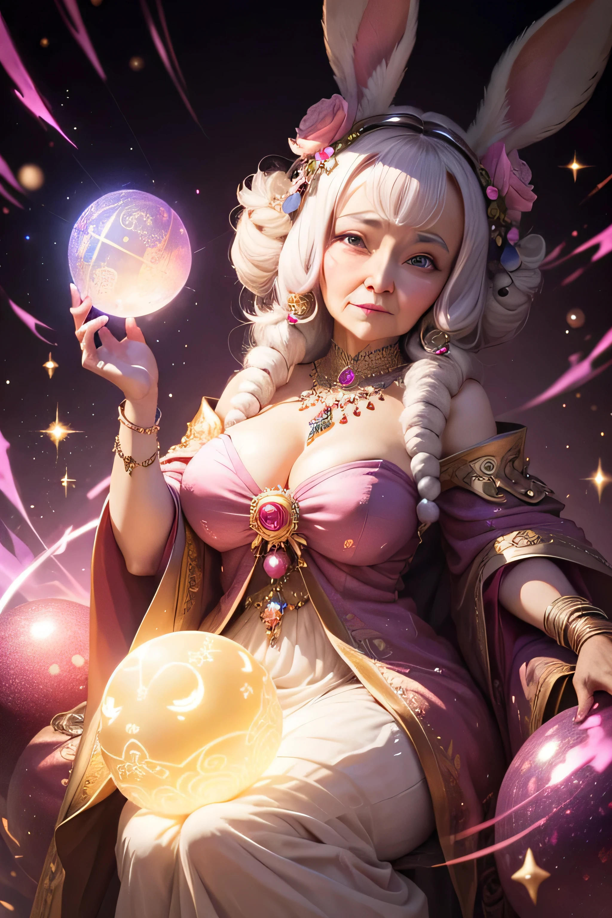 A shining old lady adorned with various jewels,The rabbit is holding a large ball,Staring straight into the camera, in the center,Very bright color, Light Particles, The light shines, Musibu, Wallpaper Art, UHD Wallpaper,Background pink、Divination for meditation、Mysterious