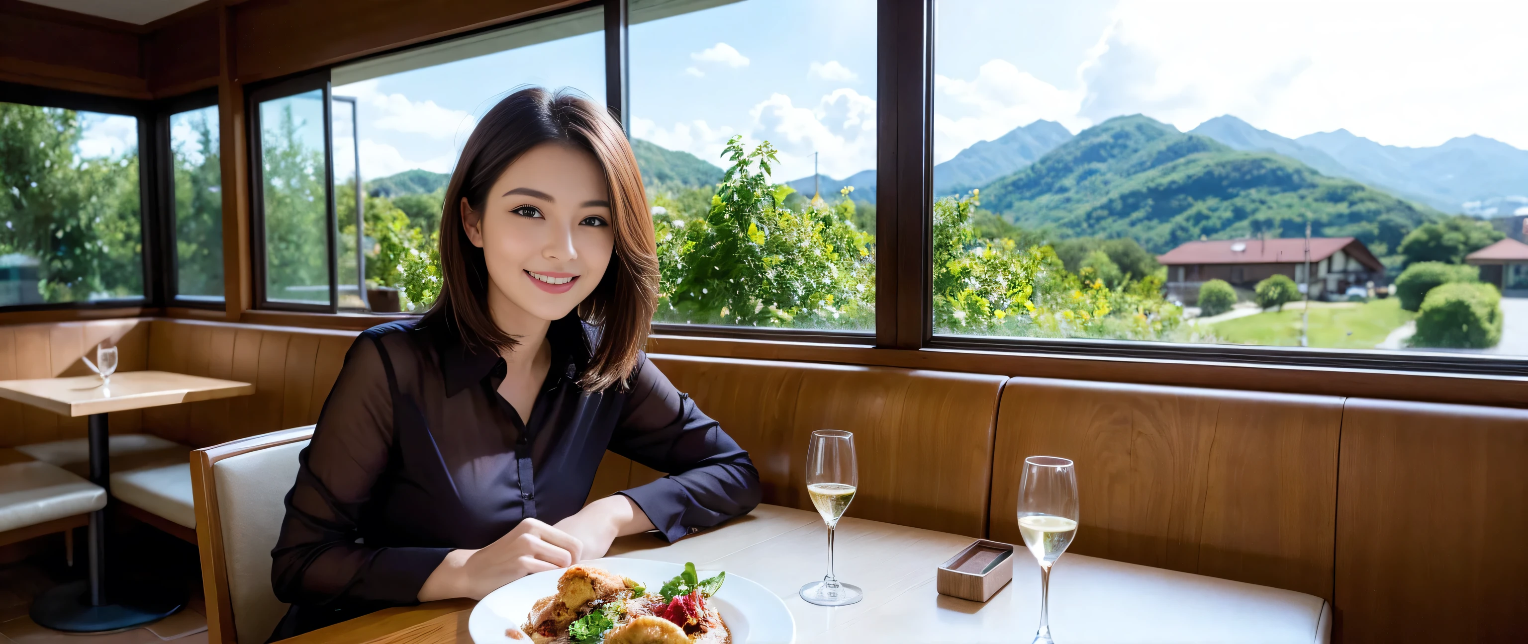 (highest quality、8k、masterpiece:1.3)、Beautiful woman with perfect figure:1.4、Dark brown hair、Wine Party 、2 people、Highly detailed face and skin、Fine grain、double eyelid、Wine glass on the table、Facial lighting、 Amazing view of the sunset sky and clouds、Amazing mountain views、A bright smile、A lovely woman with a smile、Bright image、 Beautiful Face, short hair, (Age 35), 39 years old, Lady、red wine 、Appetizers、Italian food、wine bottle、Champagne、sparkling wine、Two beauties、Brown Hair、Shortcuts、Long sleeve shirt、dress、Pretty Woman 1, (Slim face), (The body is slim), (Brown Hair), (Shortcuts), cheeks turn a little red,Attractive beauty、restaurant, In a prominent place (From the waist up) Nova Frog Style, actress, model, Upper Body, White wine, slim, wine glass, smile, (smile: 1.15), Beautiful fine grain, Depth f/2,saturation, High Contrast, Strong light and shadow,Moist Body:1.5、3D texture、Delicate eyes、Brown Hair、The hair is very shiny、