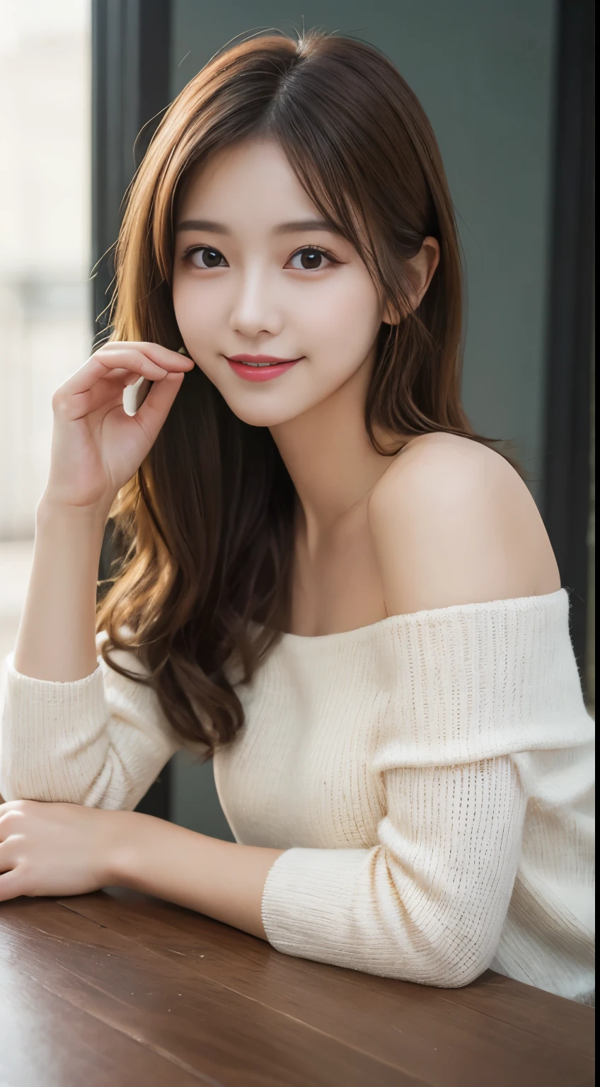 Tabletop, highest quality, figure, Super detailed, In detail, High resolution, 8k wallpaper, Perfect dynamic composition, Beautiful Eyes,Brown Hair, Natural color lip, Random and cute poses,smile,Off the shoulder,Perfect and beautiful face,Slender body,Narrow Face