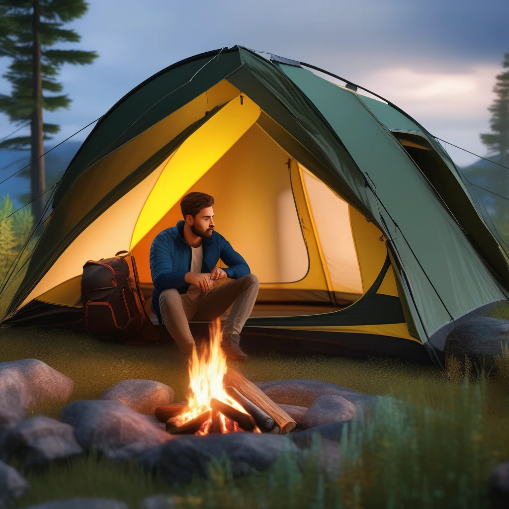 1 male, solo, Enjoy outdoor camping, ((Masterpiece)), ((Best Quality)), (Very Detailed), (Very Detailed)), 4K, (8K), very aesthetic, absurdres, highres,