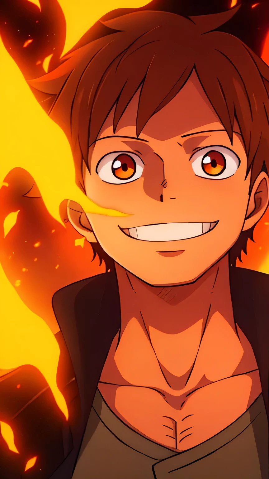 1boy, brown hair, smiling, positive, solo, upper body, sky background, fire all around, black overcoat, orange eyes, wanostyle