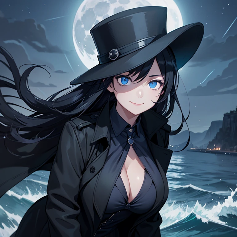 female, smile , black hair, dark blue eye,blue eye, detective, black top hat with head goggles, black hair, dark blue eyes, black trench coat, blue vest, white shirt, big , huge breasts, night time, sea, moonlight, star, erotic pose