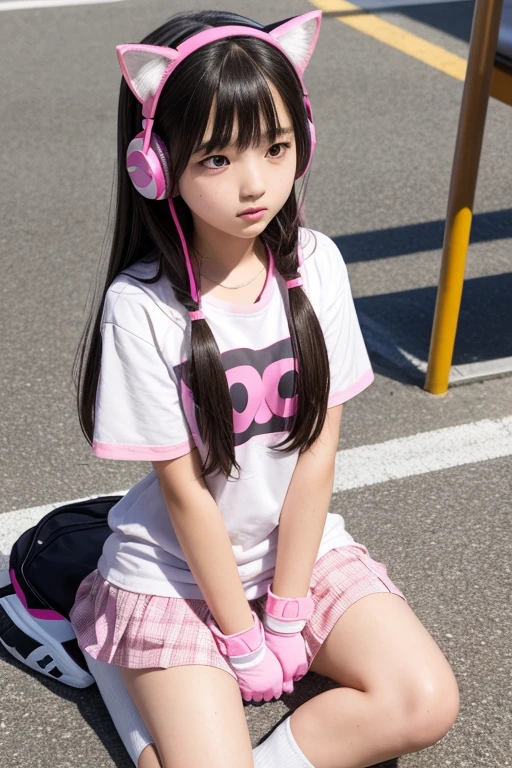 A  hypnotized by headphones 14-year-old JK Loli，Wear pk ，ing cears, cat gloves and a cat tail，Sitting on the ground，Dull eyes 