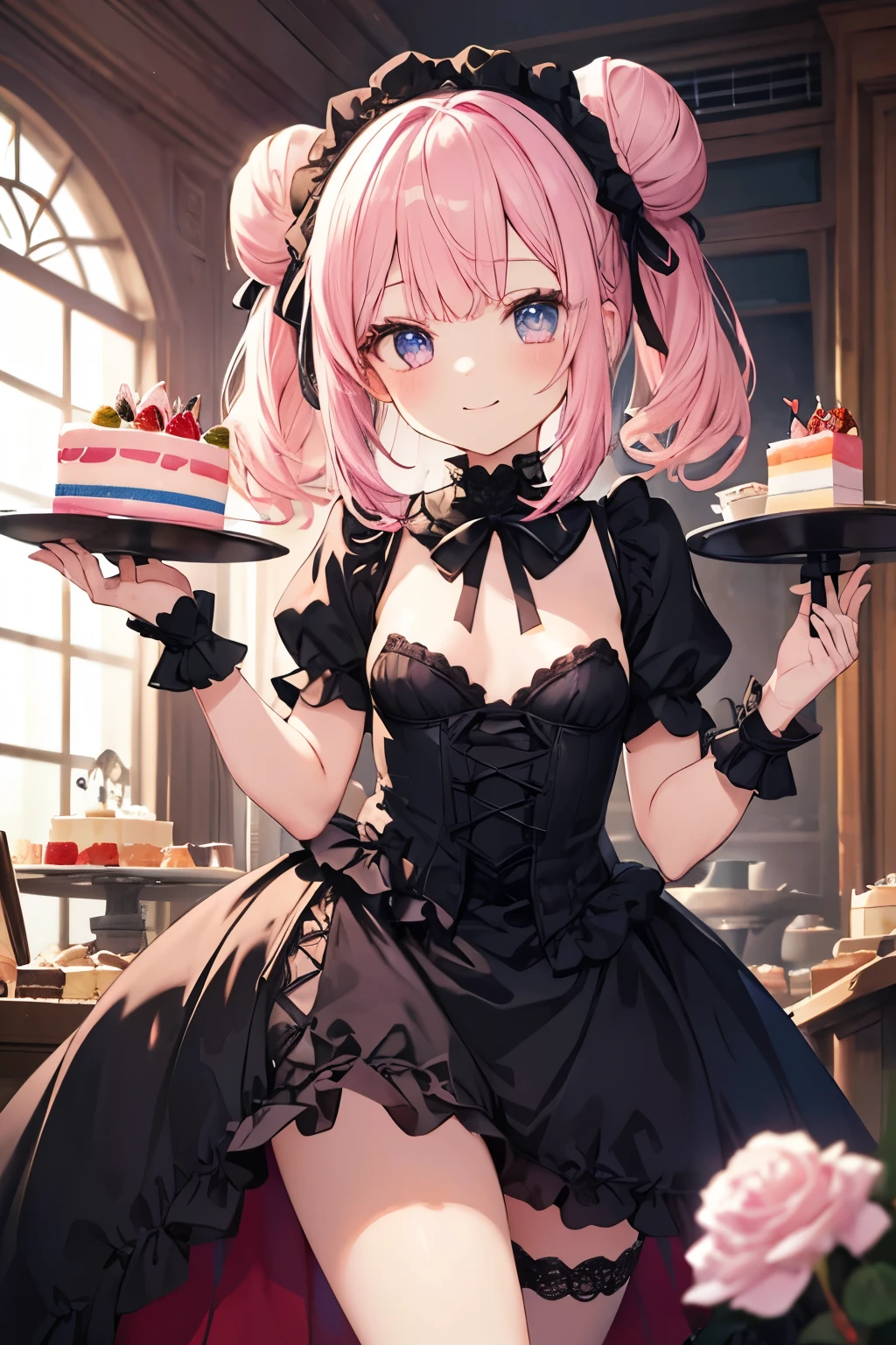Pink Hair、ピンク目girl、Small breasts、Bun Hair、girl、Small breasts、Lolita、Bright smile、Looks about 15 years old、Petan Musume、Short、目のhighlight、Sexy thighs、Have a cake、Rose Gothic Lolita Dress Costume、Your eyes are so beautiful、highlight
