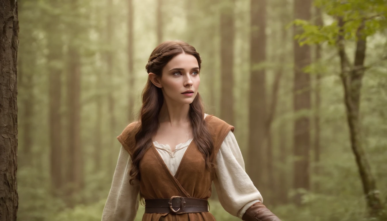 Elf Girl, Long brown hair, Brown eyes, freckles, Brown clothes in the forest, whole body, Her entire body is depicted, and she is feeling the wind. She is carrying a staff and luggage. She is on a journey. She is an elf with slightly more pointed ears. Her entire body is depicted, and she is feeling the wind.