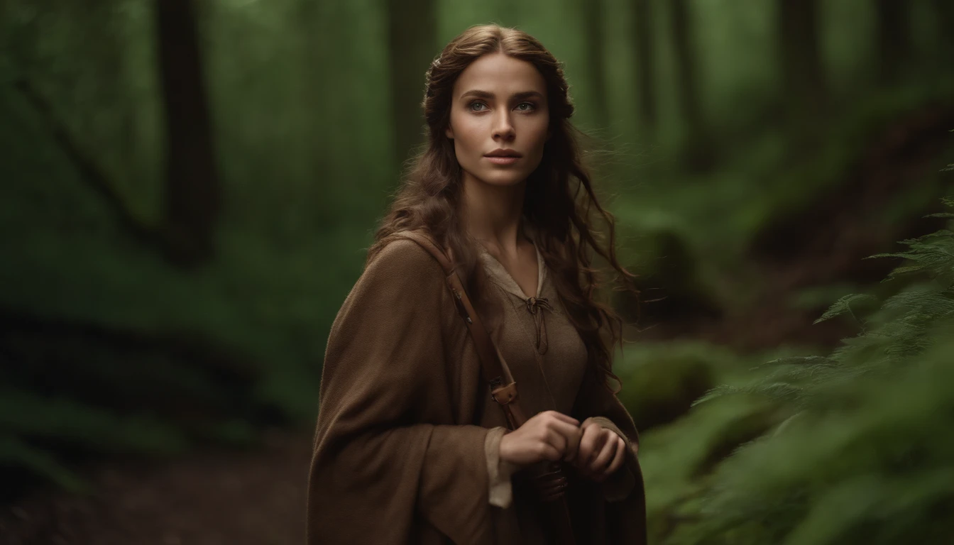Elf Girl, Long brown hair, Brown eyes, freckles, Brown clothes in the forest, whole body, Her entire body is depicted, and she is feeling the wind. She is carrying a staff and luggage. She is on a journey.
