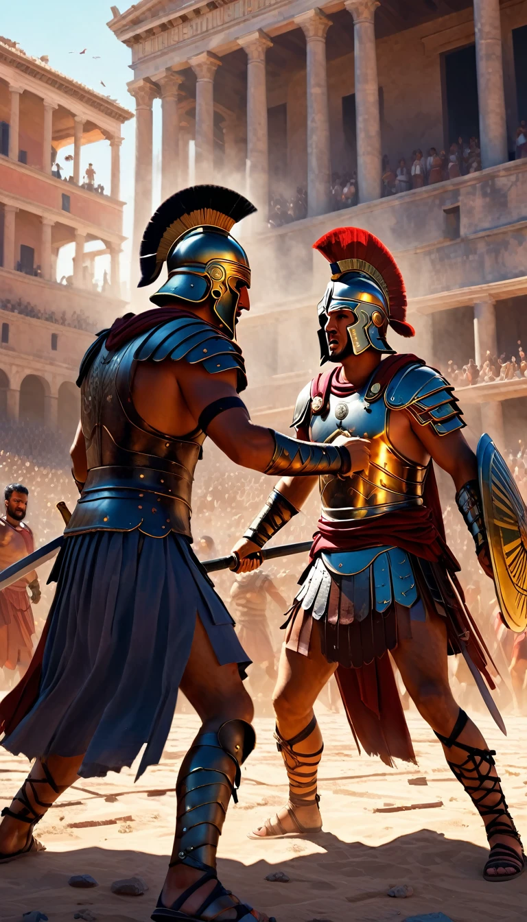 Intense gladiator duel, set in ancient Rome, historical painting., perfect composition, RAW photo, Unreal Engine, Octane Rendering, Ultra High Quality, Ultra High Resolution, Surreal, Ultra Precision, Color Correct, Good Lighting Settings, Harmonious Composition, Very Low Noise, Sharp Edges, Award-winning work, vibrant color fields, graffiti and street art, highly detailed figures, unreal engine, greg rutkowski, loish, rhads, beeple, makoto shinkai and lois van baarle, ilya kuvshinov, rossdraws, tom bagshaw, detail, glowwave, bold lithographic, dotted, iconic, quietly morbid, 32k cell shading, directed by Ridley Scott (black hawk down,gladiator)
