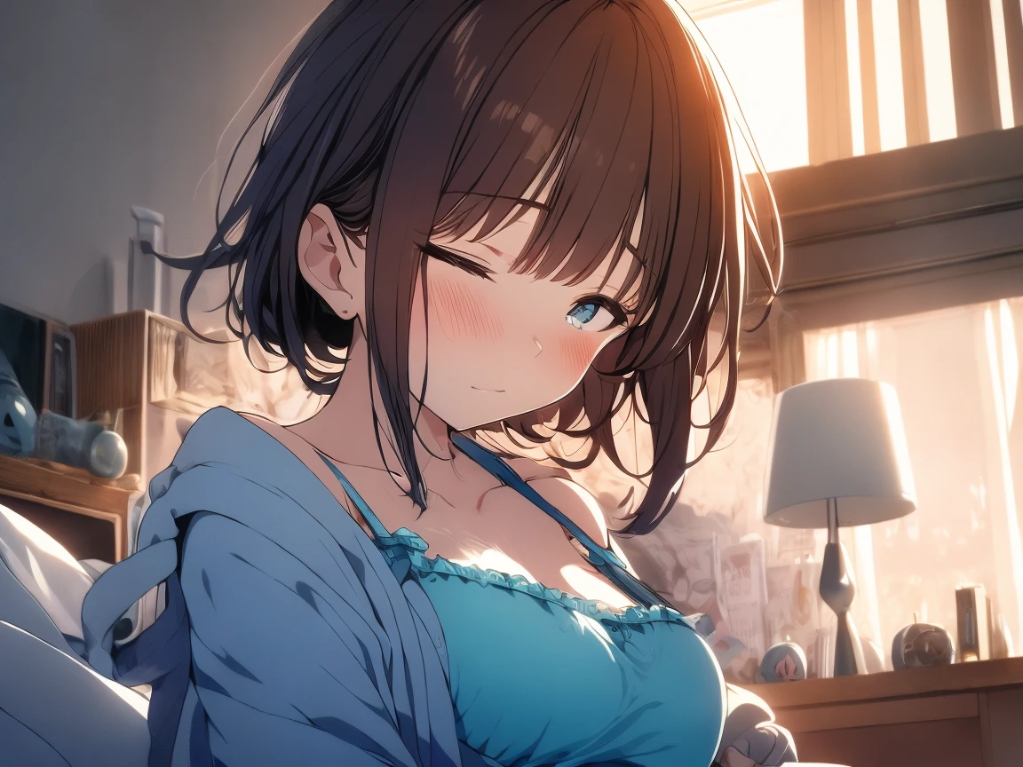 Masterpiece, highest quality, ultra high resolution, 8k, wallpaper, perfect anatomy, perfect body, changing clothes, bedroom, evening, cute face, drooping eyes, short brown hair, messy hair, sleepy, sunset through the window, , exposed clothes, ager, collarbone, navel, standing, eyes open, holding clothes, girly panties, normal breasts, open shirt, cowboy shot, portrait, light blue bra, (light blue Panties: 1.3), Mioha, Jojipan, cotton panties, picot lace


