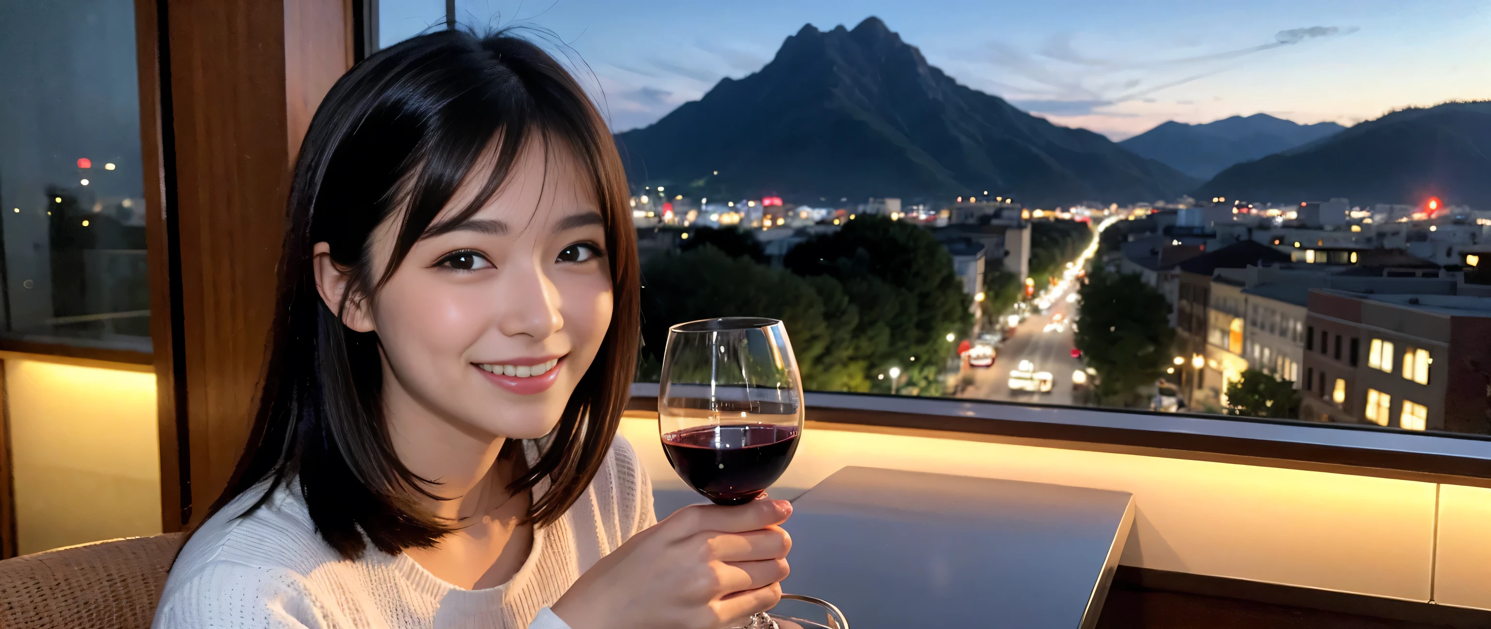 (highest quality、8k、masterpiece:1.3)、Beautiful woman with perfect figure:1.4、Dark brown hair、Wine Party 、2 people、Highly detailed face and skin、Fine grain、double eyelid、Wine glass on the table、Facial lighting、 Amazing view of the sunset sky and clouds、Amazing mountain views、A bright smile、A lovely woman with a smile、Bright image、 Beautiful Face, short hair, (Age 42), 39 years old, Lady、red wine 、Appetizers、Italian food、wine bottle、Champagne、sparkling wine、Two beauties、Brown Hair、Shortcuts、Long sleeve shirt、dress、Pretty Woman 1, (Slim face), (The body is slim), (Brown Hair), (Shortcuts), cheeks turn a little red,Attractive beauty、restaurant, In a prominent place (From the waist up) Nova Frog Style, actress, model, Upper Body, White wine, slim, wine glass, smile, (smile: 1.15), Beautiful fine grain, Depth f/2,saturation, High Contrast, Strong light and shadow,Moist Body:1.5、3D texture、Delicate eyes、Brown Hair、The hair is very shiny、