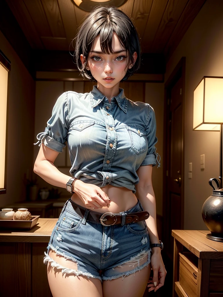 1 Girl, alone,Black Short Hair,(clock:1.2),White sleeveless collared shirt,(Denim mini skirt:1.2),(Tea belt:1.2),Attractive face:1.6, Perfect light, 8K, masterpiece:1.2, Very detailed, Realistic:1.37, Full HD, Monotone background,Cowboy photographed from the front,Are standing