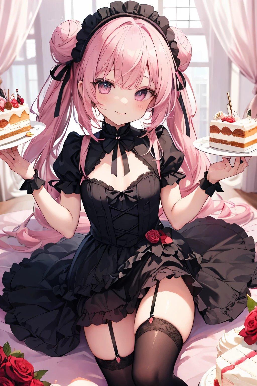 Pink Hair、ピンク目girl、Small breasts、Bun Hair、girl、Small breasts、Lolita、Bright smile、Looks about 15 years old、Petan Musume、Short、目のhighlight、Sexy thighs、Have a cake、Rose Gothic Lolita Dress Costume、Your eyes are so beautiful、highlight