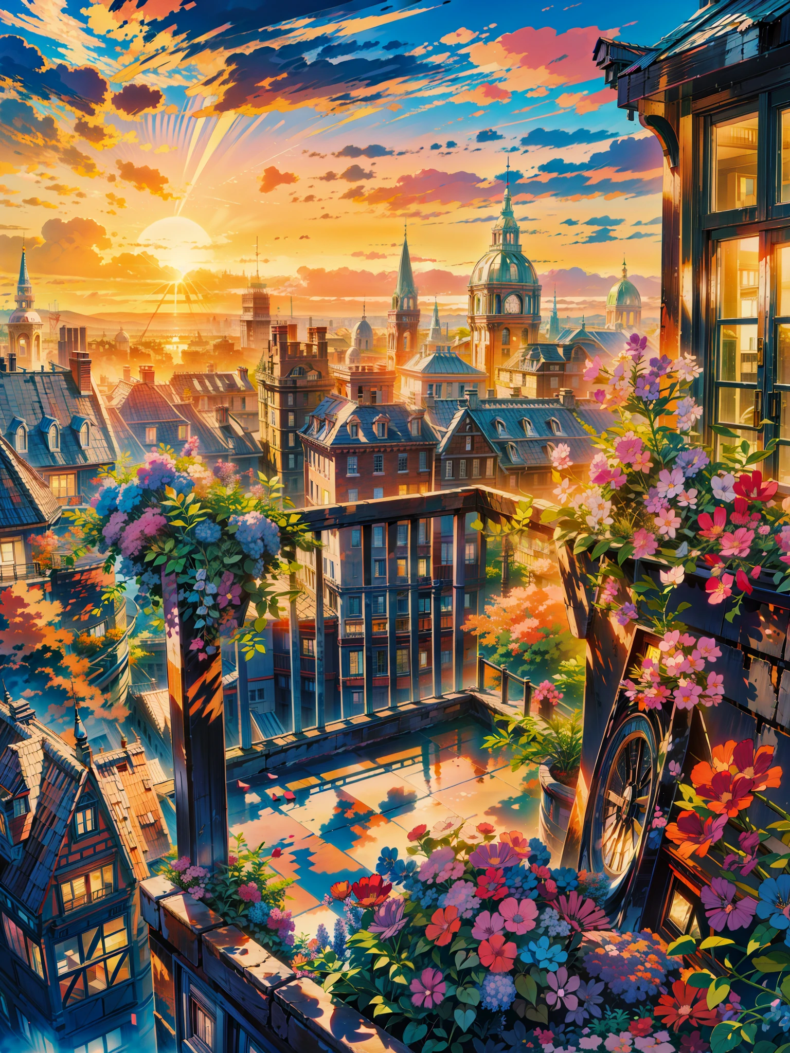 a painting of a sunset over a city, floral sunset, hd anime cityscape, anime scenery, anime landscape, beautiful anime scenery, anime background art, anime scenery concept art, beautiful anime art, tomas kinkade, watching the sun set. anime, beautiful anime artwork, background of flowery hill, beautiful terrace, anime style cityscape, anime beautiful peace scene, no people