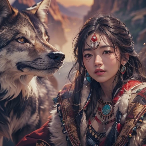 At the Grand Canyon、Hair flow、 ((highest quality、masterpiece、8k、Best image quality、Ultra-high resolution、Award-winning works)、(Accurate anatomy:1.1)、(Look at me and smile:1.1)、Shining fair skin with Ultra-high resolution、The most detailed face、Ultra-high resolution detailed face、Ultra-high resolutionの髪の毛、(Ultra-high resolutionの煌めく瞳:1.1)、Beautiful face drawn in every detail、(Blurred Background:1.1)、Native American Costume, American Indian Clothing, Chest to chest, tattoo、A real giant condor next to you。The wolf is watching