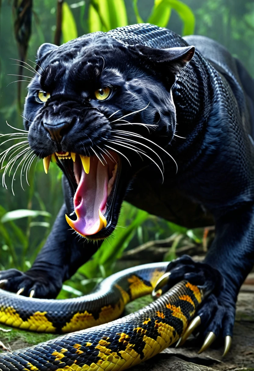 fierce_savage panther, fight a python_snake, hold in the claw, fight scene, epic Realism, UHD, ultra detailed