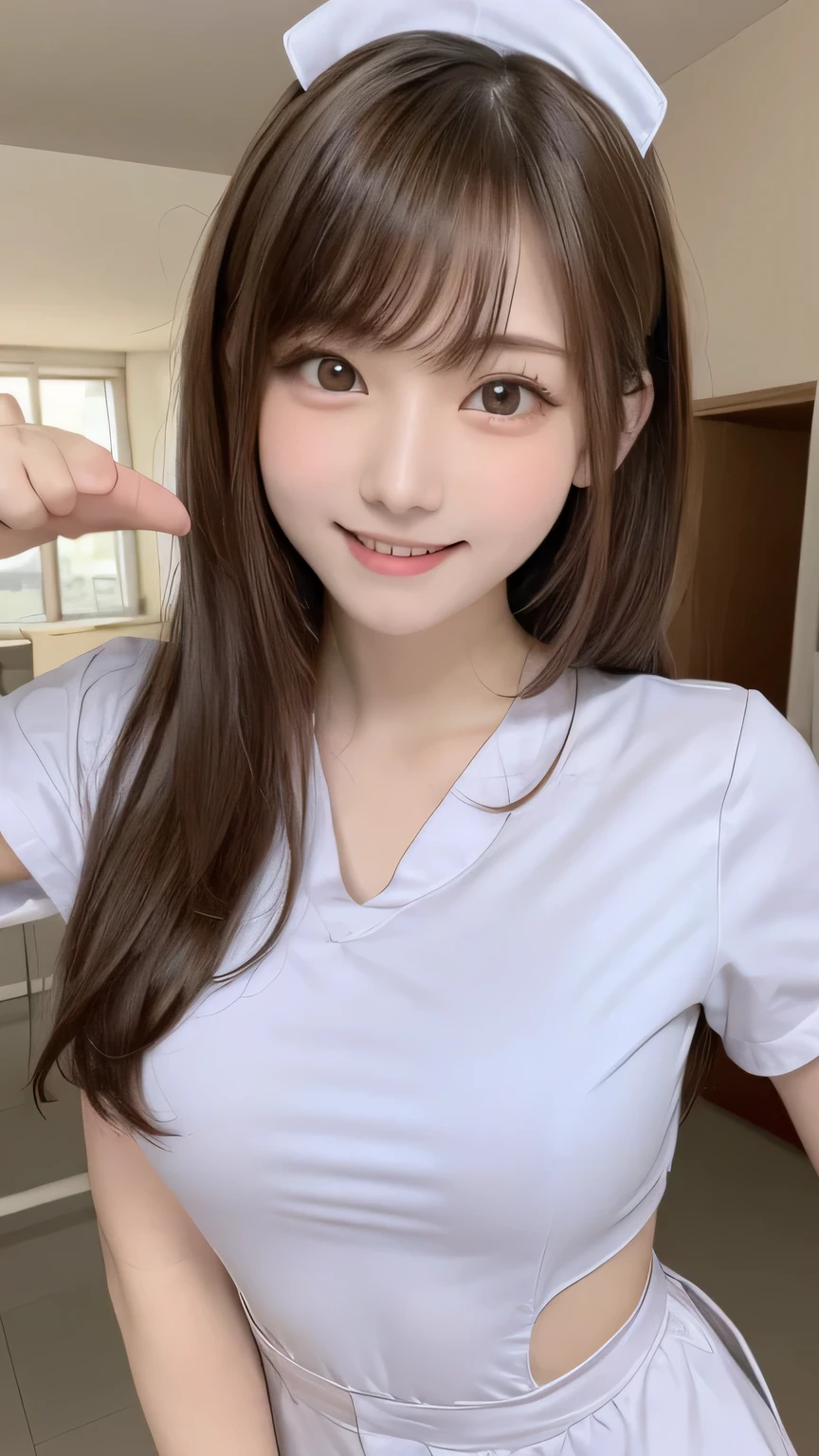 Tabletop, highest quality, One Girl, (beautiful girl:1.3), (:1.3), Very fine grain definition, (Symmetrical eyes:1.3), (Nurse Costume:1.2), Beautiful breasts, Brown eyes, Parted bangs, Brown Hair,hospital , big eyes , huge shy smile , Raise your arms , Pointing at yourself