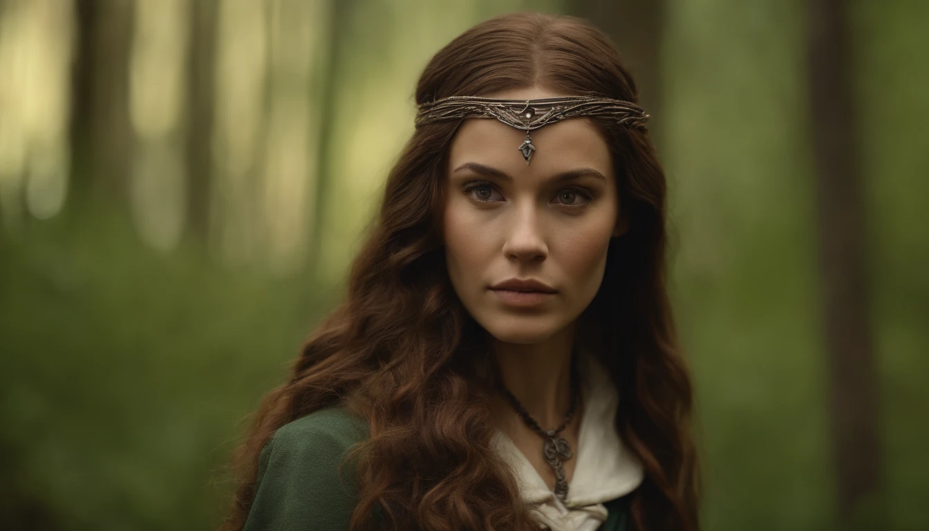 Elf Girl, Long brown hair, Brown eyes, freckles, Brown clothes in the forest, whole body, Her entire body is depicted, and she is feeling the wind. She is carrying a staff and luggage. She is on a journey.