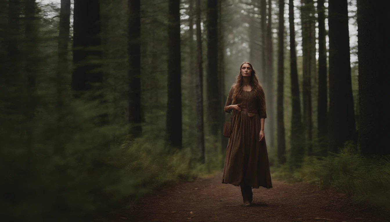 Elf Girl, Long brown hair, Brown eyes, freckles, Brown clothes in the forest, whole body, Her entire body is depicted, and she is feeling the wind. She is carrying a staff and luggage. She is on a journey.