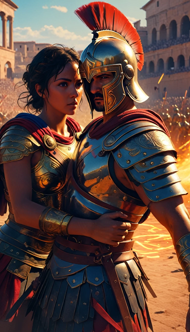 Intense gladiator duel, set in ancient Rome, historical painting., perfect composition, RAW photo, Unreal Engine, Ultra High Quality, Ultra High Resolution, Surreal, Ultra Precision, Color Correct, Good Lighting Settings, Harmonious Composition, Very Low Noise, Sharp Edges, Award-winning work, vibrant color fields, graffiti and street art, highly detailed figures, unreal engine, greg rutkowski, loish, rhads, beeple, makoto shinkai and lois van baarle, ilya kuvshinov, rossdraws, tom bagshaw, detail, glowwave, bold lithographic, dotted, iconic, quietly morbid, 32k cell shading, directed by Ridley Scott (black hawk down,gladiator)
