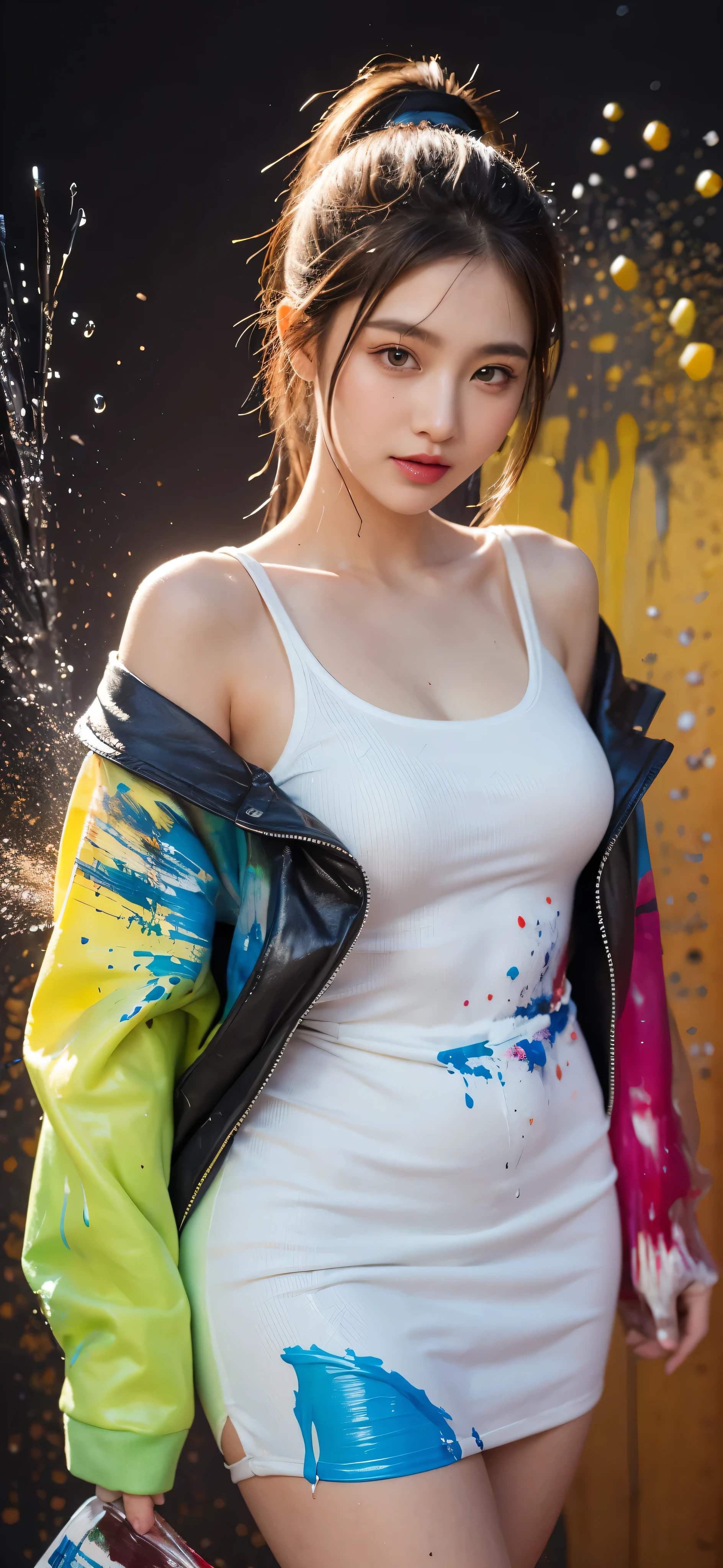 (solid background), ((thick acrylic pigment color splashes on a background and clothes, vivid colors of splash and thick paints):1.8), large crystal clear eyes, (high ponytail hair dyed with multiple vivid colors:1.6), (exquisite makeup, long eyelashes), (small fresh, wipe chest, perfect body, 16 years old), (white tight dress:1.2), (Highest Image Quality, Masterpiece, Depth of Field), (lovely smile, excited), 