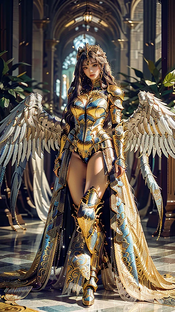 It depicts a beautiful woman walking full body with large wings in intricate armor. The armor is highly detailed and beautiful. Decorated with intricate designs and patterns. She has long flowing res hair that contrasts beautifully with the metallic color of the armor. The background is dark and blurred to ensure that the focus remains on the armor.