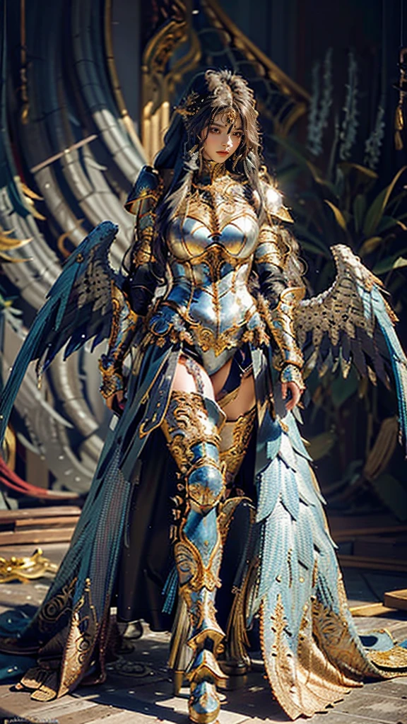 It depicts a beautiful woman walking full body with large wings in intricate armor. The armor is highly detailed and beautiful. Decorated with intricate designs and patterns. She has long flowing res hair that contrasts beautifully with the metallic color of the armor. The background is dark and blurred to ensure that the focus remains on the armor.