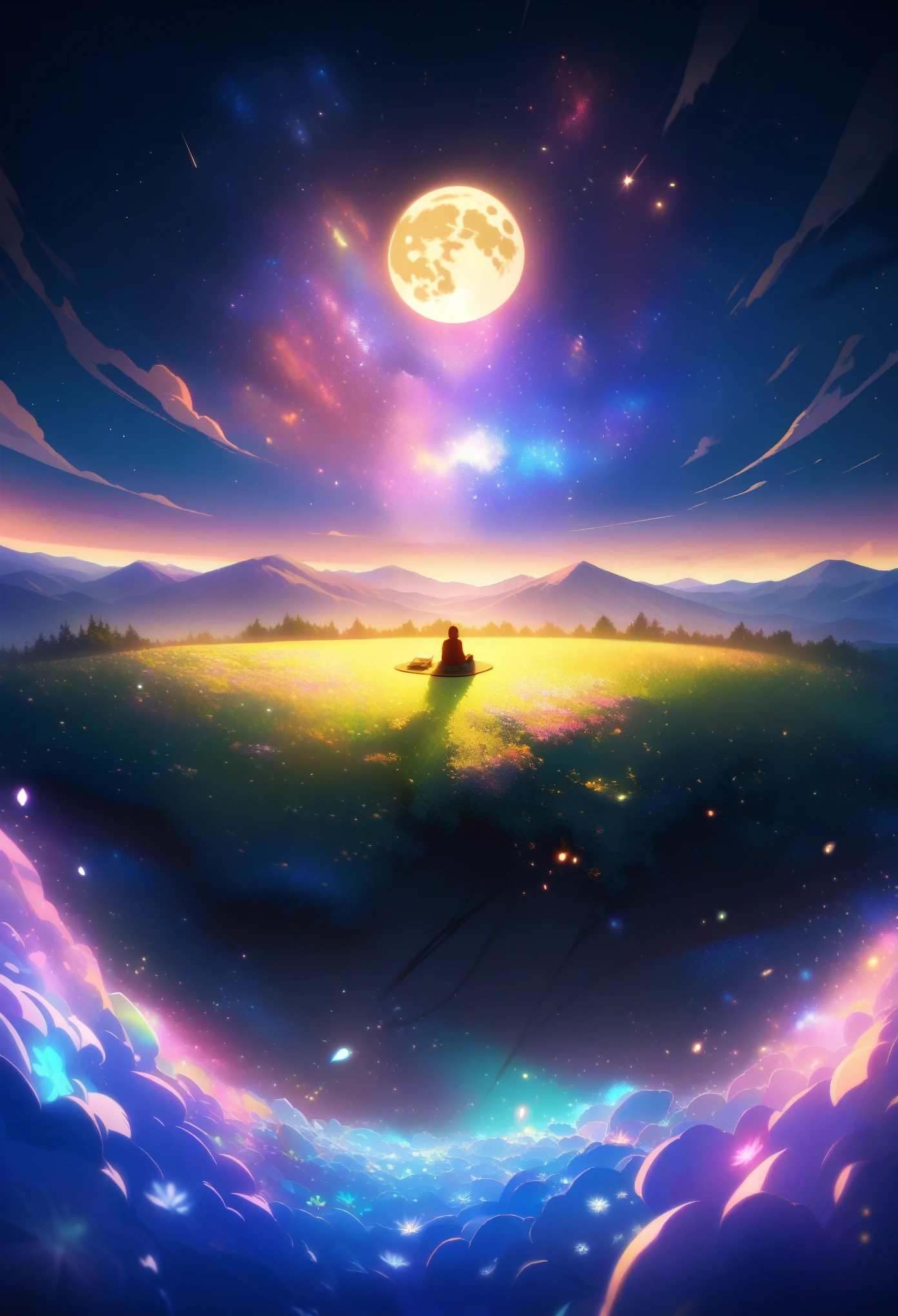 a cozy camp, outdoor camping, (a tent), flickering, absurd res, view the viewer, solofocus, Dynamic Angle, Ultra-fine, depth of field, wide shot, expansive landscape photograph ,( a view from above that shows field below), a person sitting on flower field, (full moon), (shooting stars), (nebula), distant mountain, tree , production art, (warm light source), (Firefly), lamp, intricate details, volumetric lighting , (best quality), ultra-detailed, (dynamic composition), highly detailed, colorful details,( iridescent colors), (glowing lighting, atmospheric lighting), dreamy, magical, lens flare, (colorful), Cinematic light, high-res, sharp focus, smooth, colorful light, particles, galaxy colors scheme