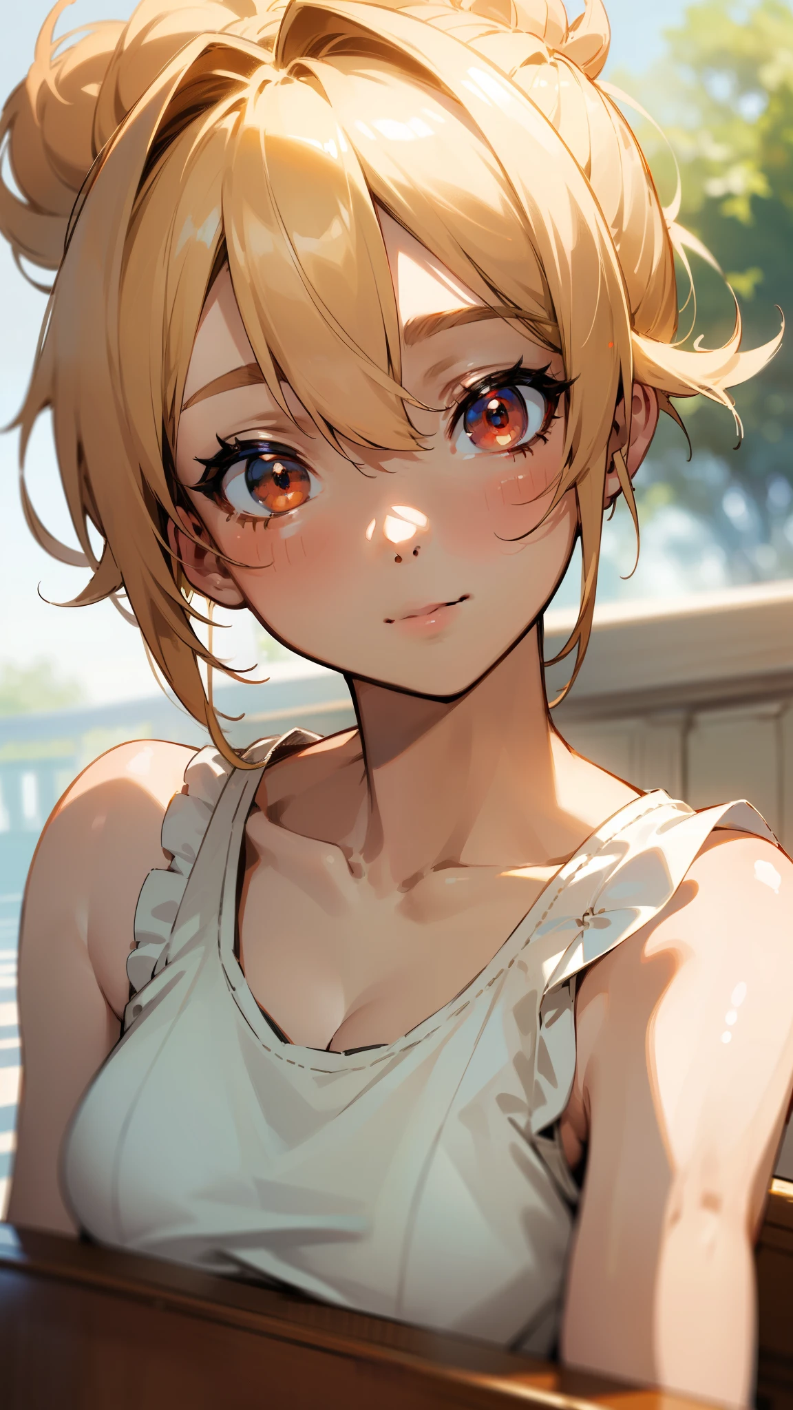 (masterpiece, highest quality)、Intricate details、8k、Sharp focus、(Bokeh) (highest quality) (Detailed skin:1.3) (Intricate details) (8k) (Fine grain) (anime)、Blonde ponytail、Ahoge、Beautiful red eyes、White tank top、Upper body close-up、Morning Cafe Terrace、Upper body close-up、Side body、A soft smile、smile