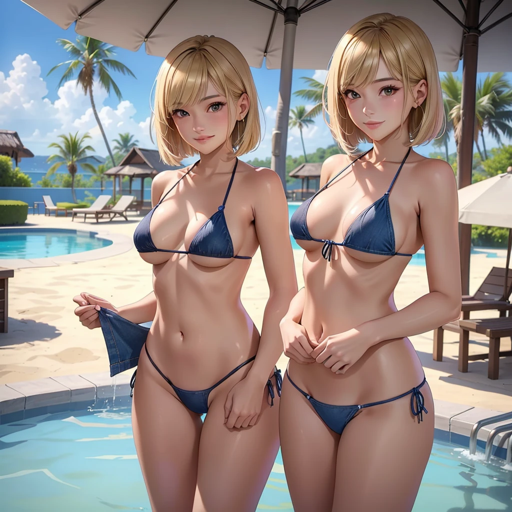 girl、(((one person)))、、Blonde、Medium Bob、(Denim micro bikini:1.3)、Detailed Hair、cowboy shot、highest quality、Super detailed、Very detailed、Detailed Background、C cup bust、smile、Resort hotels、Pool