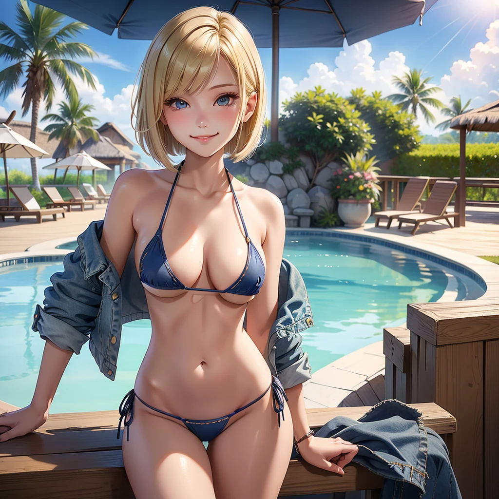 girl、(((one person)))、、Blonde、Medium Bob、(Denim micro bikini:1.3)、Detailed Hair、cowboy shot、highest quality、Super detailed、Very detailed、Detailed Background、C cup bust、smile、Resort hotels、Pool
