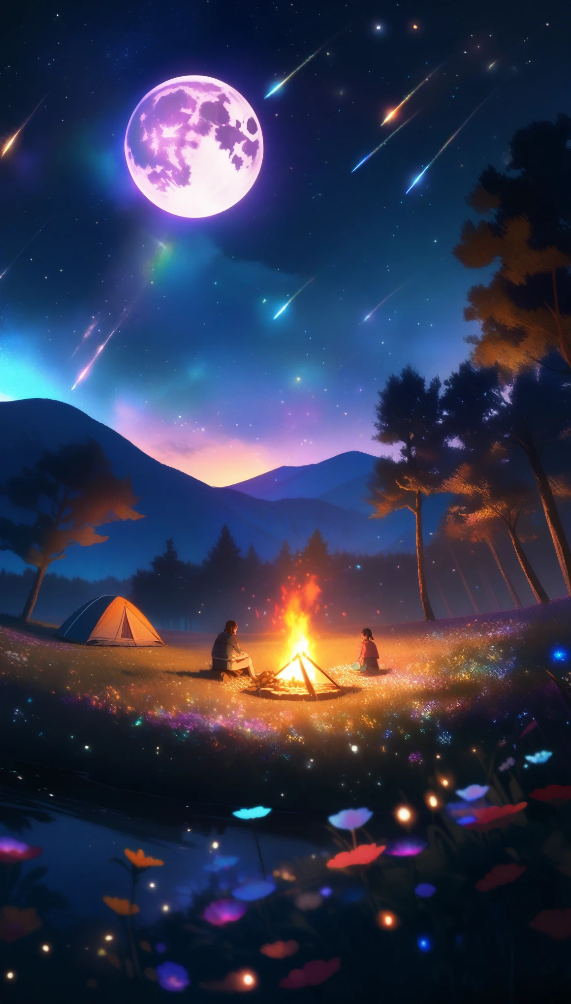 a cozy camping, (a tent), flickering, absurd res, view the viewer, solofocus, Dynamic Angle, Ultra-fine, depth of field, wide shot, expansive landscape photograph ,( a view from above that shows field below,) a girl sitting on flower field looking at campfire, (full moon), (shooting stars), (nebula), distant mountain, tree , production art, (warm light source), (Firefly), lamp, campfire, warm flames flickering, intricate details, volumetric lighting , (best quality), ultra-detailed, (dynamic composition), highly detailed, colorful details,( iridescent colors), (glowing lighting, atmospheric lighting), dreamy, magical, lens flare, (colorful), Cinematic light, high-res, sharp focus, smooth, colorful light, particles, galaxy colors scheme