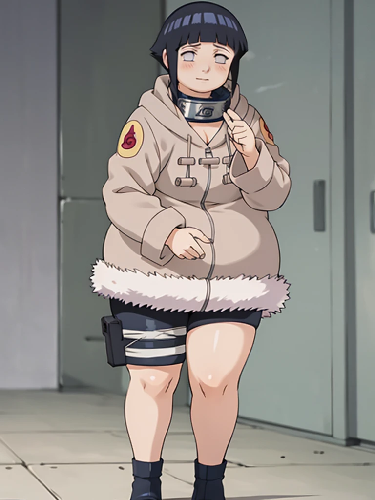 chubby hinata, classic, no pupils, 1girl, hyuuga hinata, black hair, short hair, coat, forehead protector, fur trim, konohagakure symbol, long sleeves [professional photo, studio lighting, HDR, UHD, 64K], cute girl, shy, thick thighs 