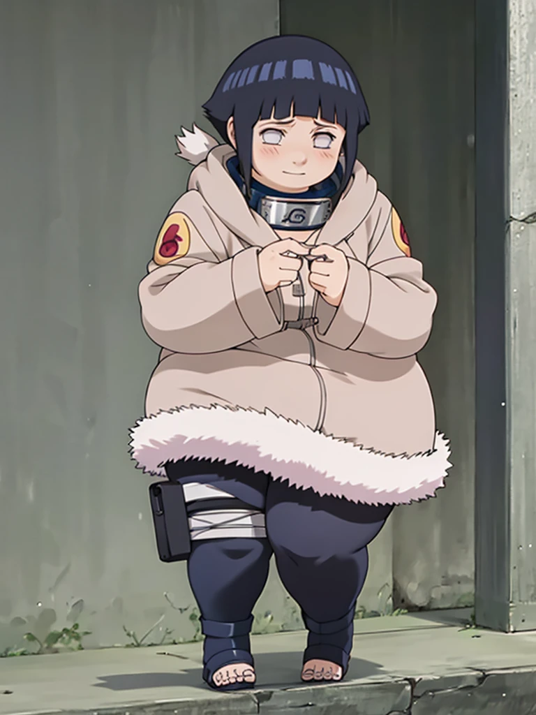 chubby hinata, classic, no pupils, 1girl, hyuuga hinata, black hair, short hair, coat, forehead protector, fur trim, konohagakure symbol, long sleeves [professional photo, studio lighting, HDR, UHD, 64K], cute girl, shy, thick thighs 