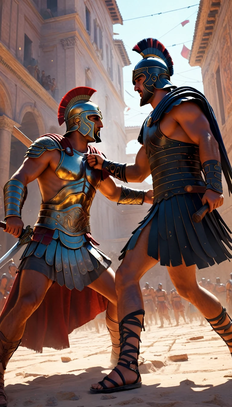 Intense gladiator duel, set in ancient Rome, historical painting., perfect composition, RAW photo, Unreal Engine, Ultra High Quality, Ultra High Resolution, Surreal, Ultra Precision, Color Correct, Good Lighting Settings, Harmonious Composition, Very Low Noise, Sharp Edges, Award-winning work, graffiti and street art, highly detailed figures, unreal engine, greg rutkowski, loish, rhads, beeple, makoto shinkai and lois van baarle, ilya kuvshinov, rossdraws, tom bagshaw, detail, glowwave, bold lithographic, dotted, iconic, quietly morbid, 32k cell shading, directed by Ridley Scott (black hawk down,gladiator)
