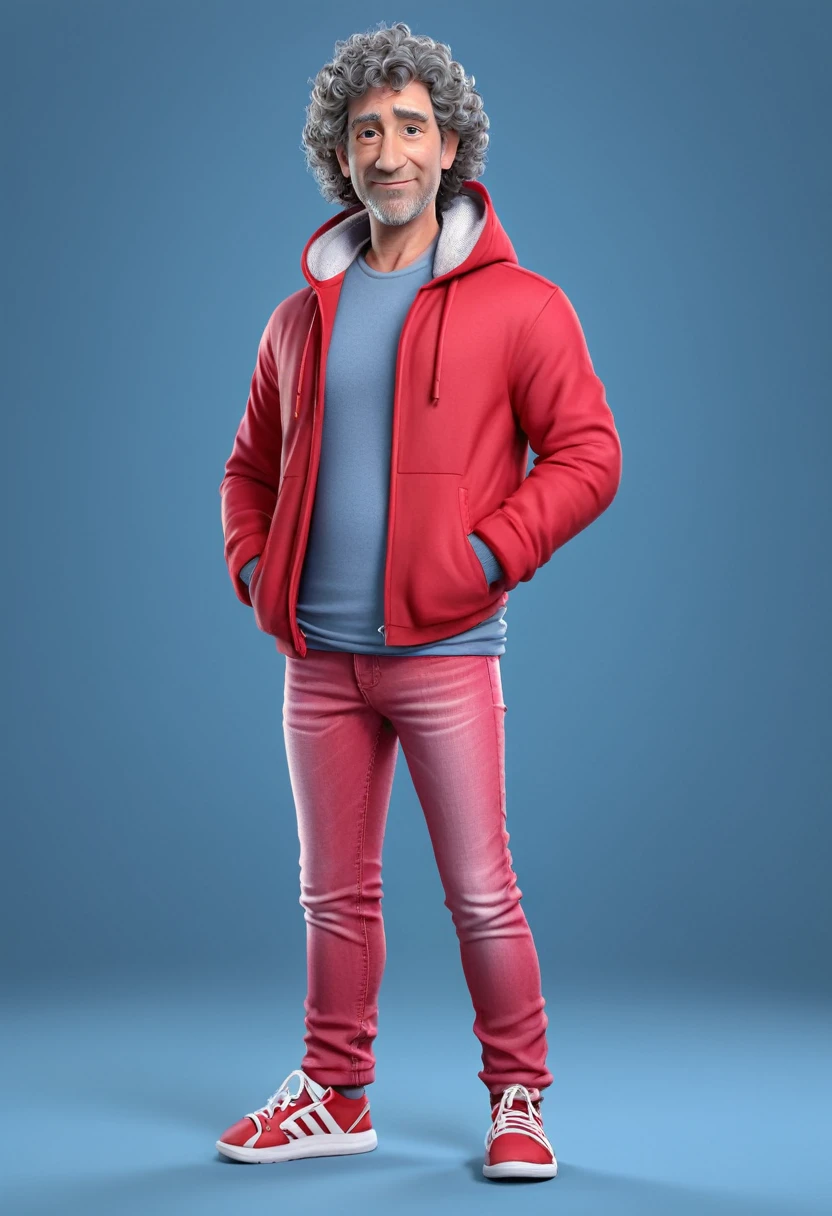 create a 3D illustration of a male character, cute character, small, cartoon character, character, tiny, toon render keyshot, man around 45 years old, animated, standing straight. The character has curly hair, pure white skin, shows off his entire body, wears sandals, a red hooded jacket tucked into pink jeans.