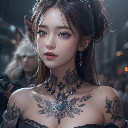 raining, city、Hair flow、 ((highest quality、masterpiece、8k、Best image quality、Ultra-high resolution、Award-winning works)、(Accurate anatomy:1.1)、(Look at me and smile:1.1)、Shining fair skin with Ultra-high resolution、The most detailed face、Ultra-high resolution detailed face、Ultra-high resolutionの髪の毛、(Ultra-high resolution beautiful face:1.1)、Beautiful face drawn in every detail、ancient gothic costume , Chest to chest, tattoo, There are a real wolf next to her