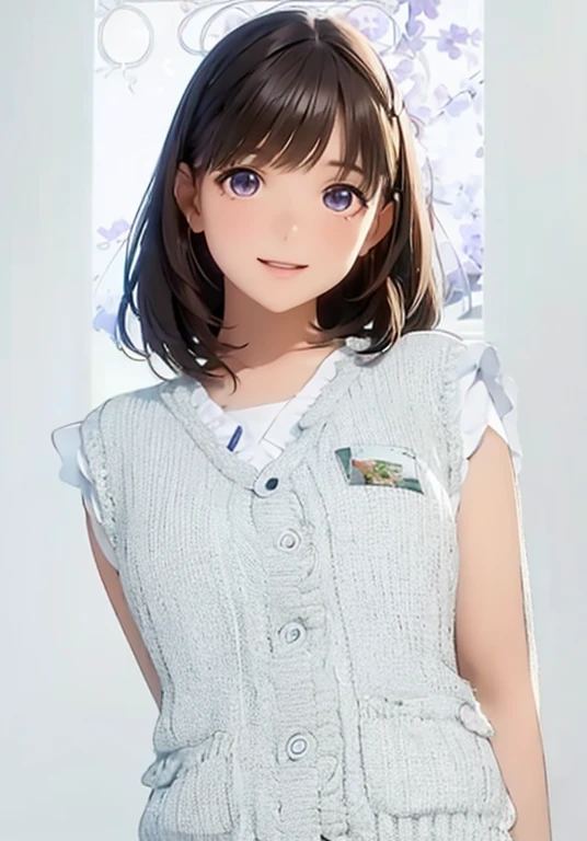 High resolution,In 8K,highest quality,detailed,Semi-realistic anime,Anime 3D Style,Smooth anime CG,One Girl,19-year-old woman in Japan,slim,Modeled,Shiny brown hair,Medium Hair,detailedな顔,Beautiful and detailed,Glowing Skin,(Light blue tweed summer vest),straggling hair,Angelic hairstyle,(Small breasts),((deep ultramarine eyes)),(((Looking into the camera))),((Open your mouth)),((Laughter)),