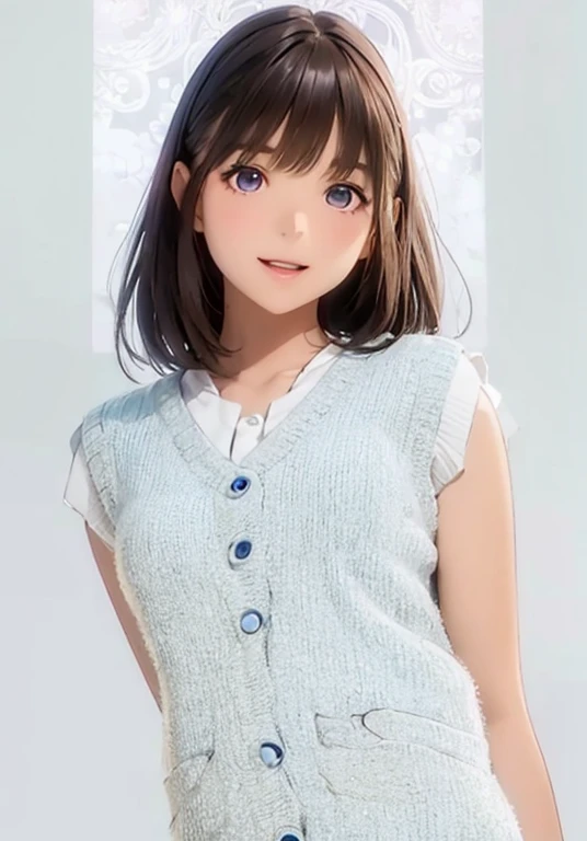 High resolution,In 8K,highest quality,detailed,Semi-realistic anime,Anime 3D Style,Smooth anime CG,One Girl,19-year-old woman in Japan,slim,Modeled,Shiny brown hair,Medium Hair,detailedな顔,Beautiful and detailed,Glowing Skin,(Light blue tweed summer vest),straggling hair,Angelic hairstyle,(Small breasts),((deep ultramarine eyes)),(((Looking into the camera))),((Open your mouth)),((Laughter)),