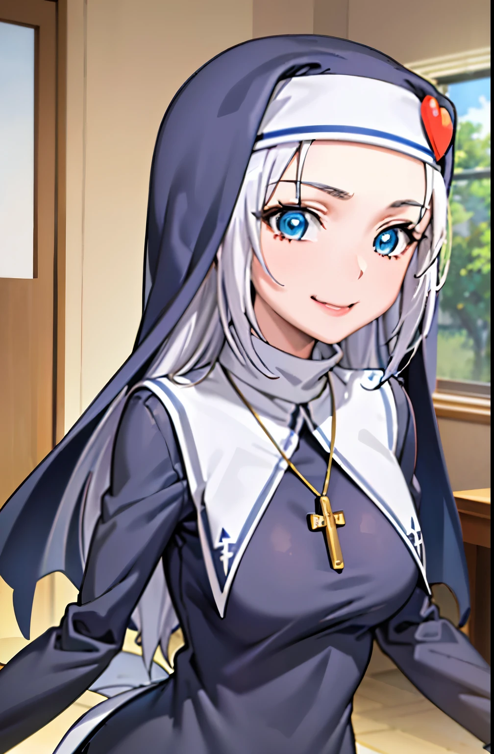 (best quality:1.1), (masterpiece:1.4), (absurdres:1.0), portrait, close-up, 1girl, takayama maria, silver hair, Big chest, blue eyes, long hair, nun, looking at viewer, smile, Perfect Body Curves, Very detail