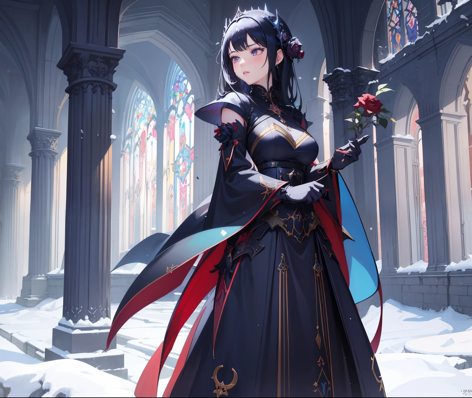 Anime - Woman in style in Gothic dress with roses in snowy cathedral, 2. 5 D CGIAnime fantasy artwork, artgerm and atey ghailan, Gwaiz-inspired artwork, Anime fantasy artwork, Gothic Maiden Anime Girl, Gwaiz on Art Station Pixiv, pretty female cleric, Anime fantasy illustration
