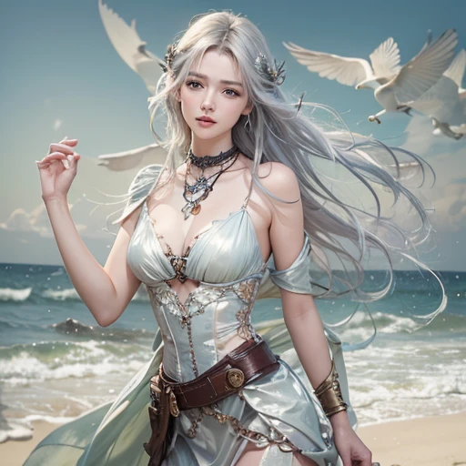 Ash blonde hair woman crystal blue eyes standing by cliff, looking over the misty sea. White shimmering dress, silver and sapphire tiara, sapphire necklace and earrin
