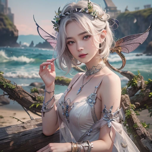 (masterpiece:1.3), (8k, Realistic, RAW Photos, Best image quality: 1.4), Fair-skinned fairy woman、Long Hair、Cleavage:2.0、Highly detailed face、Attention to detail、double eyelid、Chest to chest、Sharp focus:1.2、Beautiful woman:1.4、Silvery white hair、highest quality、masterpiece、超A high resolution、(Realistic:1.4)、Highly detailed and professionally lit smiles、Loose, Light, steampunk、Shoulders out、thin、Serious expression、Short-haired、Deadly position, one person、whole body,Walking on the beach、Gorgeous Necklace、
