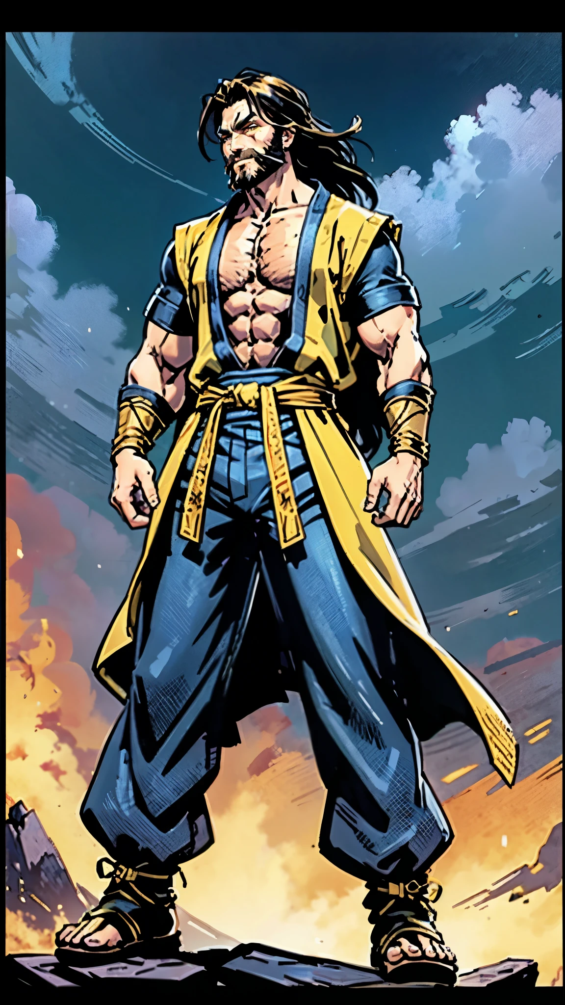 A middle-aged man with medium-length disheveled hair, a thick sideburn beard, wears an obsidian double-horned forehead protector, wild eyes, a confident smile, rugged features, a loose yellow robe in a fantasy martial arts style, an open collar revealing his muscular chest, a black cloth belt around his waist, loose flowing short sleeves, dark blue coarse cloth pants, standing atop a desolate mining hill under the scorching sun, his clothes flutter in the strong wind, this character embodies a finely crafted fantasy martial arts style monk in anime style, exquisite and mature manga art style, dramatic, high definition, best quality, highres, ultra-detailed, ultra-fine painting, extremely delicate, professional, perfect body proportions, golden ratio, anatomically correct, symmetrical face, extremely detailed eyes and face, high quality eyes, creativity, RAW photo, UHD, 32k, Natural light, cinematic lighting, masterpiece-anatomy-perfect, masterpiece:1.5