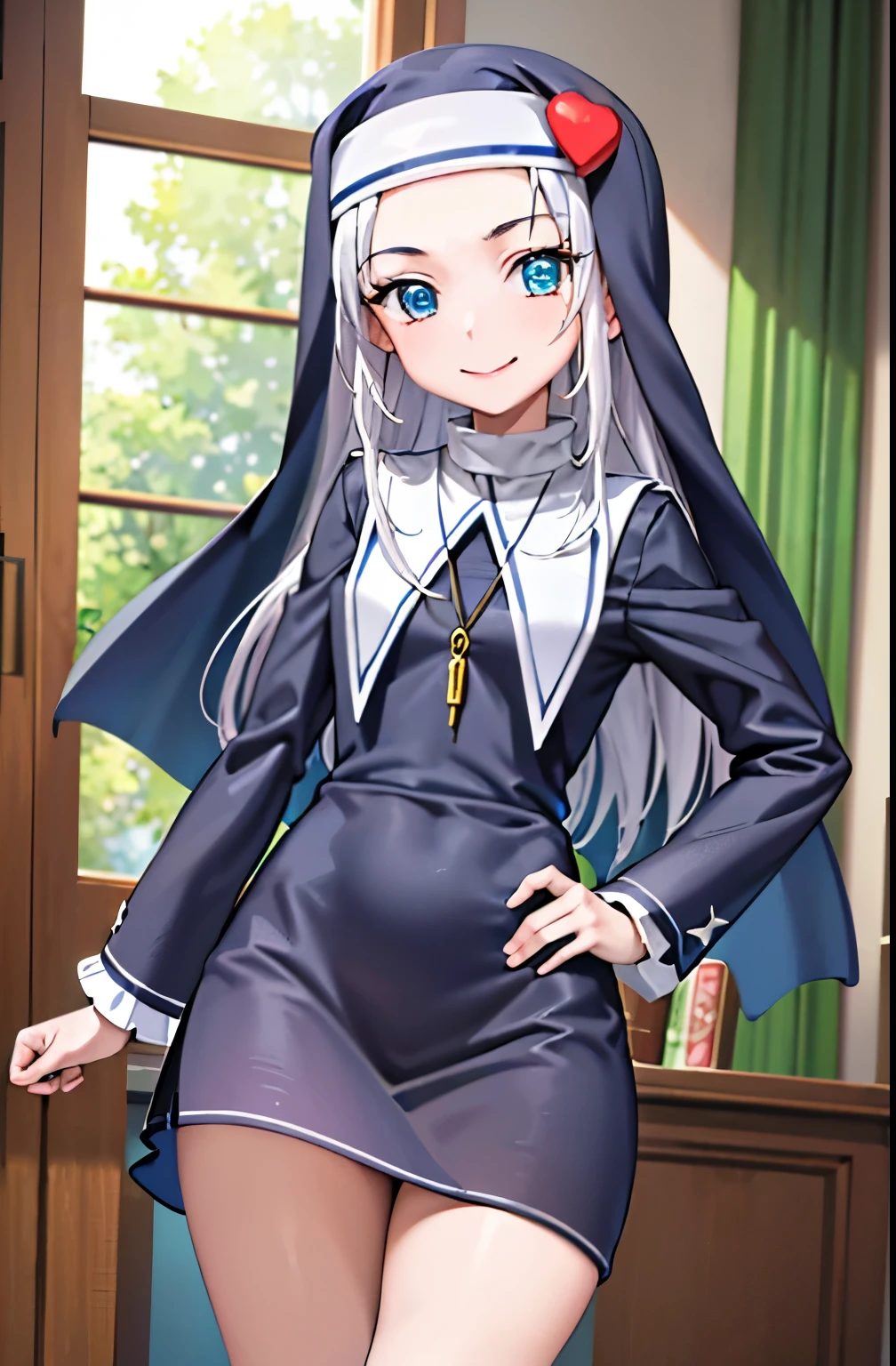 (best quality:1.1), (masterpiece:1.4), (absurdres:1.0), portrait, close-up, 1girl, takayama maria, silver hair, Dada Besar, blue eyes, long hair, nun, looking at viewer, smile, Clothes Look Wet