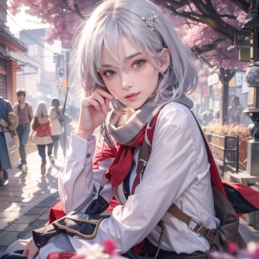 (masterpiece:1.3), (8k, Realistic, RAW Photos, Best image quality: 1.4), Fair-skinned fairy woman、short hair、Cleavage:2.0、Highly detailed face、Attention to detail、double eyelid、Sharp focus:1.2、Beautiful woman:1.4、Silvery white hair、highest quality、masterpiece、Ultra-high resolution、(Realistic:1.4)、Highly detailed and professionally lit smiles、Loose, Light, Wear a Japan high school uniform:1.5、Red scarf、 one person、whole body,Cycling through Japanese cities、