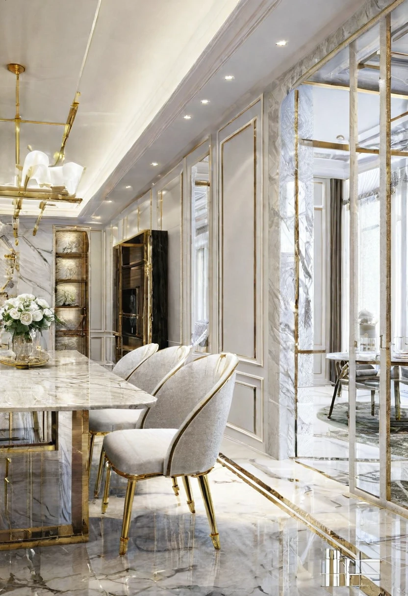 there is a dining room with a marble table and chairs, luxury condo interior, high quality rendering, precise architectural rendering, elegant and refined, high-quality render, insanely detailed rendering, award-winning render, high quality 3 d render, high quality 3d render, realistic physical rendering, luxury hd render, neo - classical, neo-classical, professional 3d render