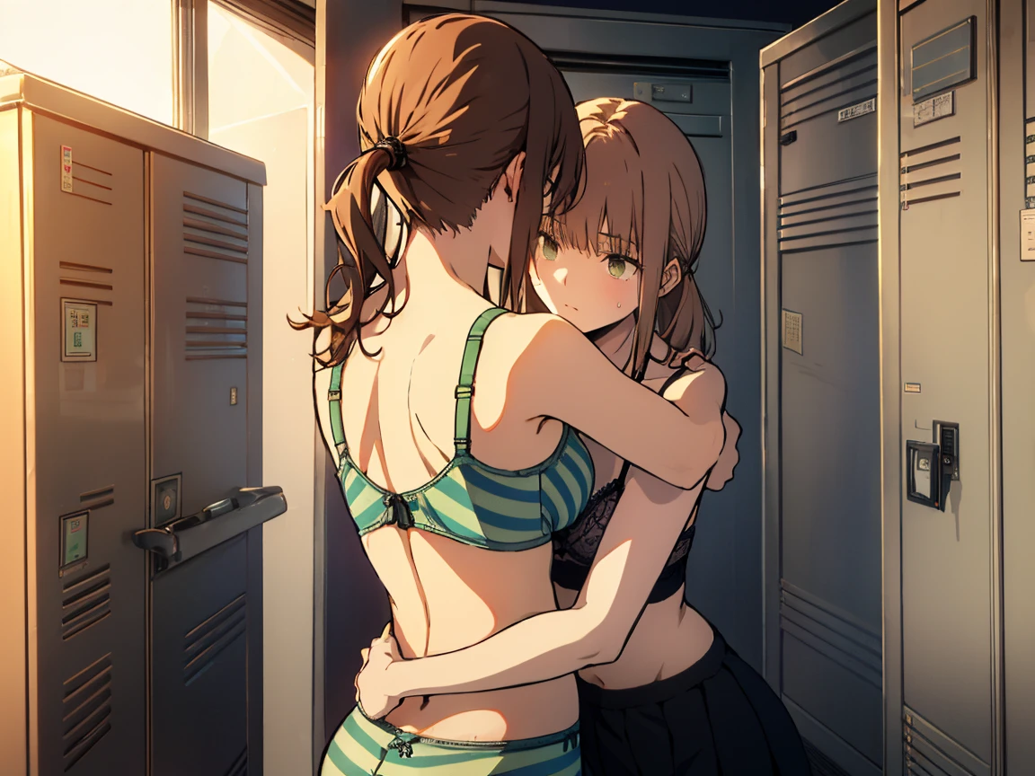 (highest qualityのイラスト:1.2), (cute girl:1.1), (1 girl, alone:1), (2 girls、、、、small、cute、cute、small胸、 Very detailedな目:1.2)、(Yuri、kiss、Hug from behind、grab、eyes half closed、eye contact:1.Sweat、I was embraced、blush:1.1)、 break White Bra、ピンクのgood、Blue Bra、Green bra、Grey Bra、light Grey Bra、 Striped bra、水玉模様がgood、goodチェック柄、 cute、good、kids good、sporty、camisole、Cotton panties、School Skirt、Blake Black Hair、Blue Hair、Brown Hair、extra belly short hair、 short hair、Mid-length hair、Hair length、Wavy Hair、Curly Hair、Pale pink braids、Princess Cut、Bobcut、Twin tails、低いTwin tails、 ponytail、ライトブルーのローponytail、break(locker room:1.2)、(evening、evening、Orange sunlight:1.2)、 break(highest quality、Very detailed、Very detailed and beautiful 、超A high resolution、Arm details:1.2)、Browsing Caution　Beautiful Pool