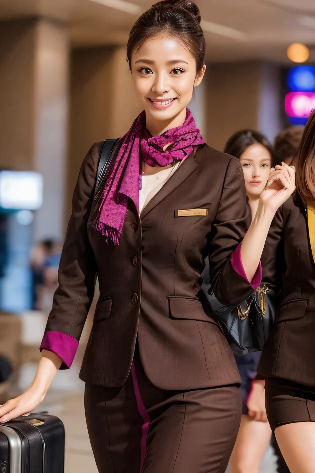 (masterpiece:1.2、highest quality:1.2)、32K HDR、High resolution、(alone、1 girl、Slim figure)、（A realistic reproduction of the ETIHAD Airways Cabincrew Uniform）、 (At the airport counter, Professional Lighting)、Airport counter wall background、A proper woman, Beautiful Face,、（Long sleeve ETIHAD Airways Cabincrew Uniform）、（ETIHAD Airways Cabincrew Uniform skirt with purple stripe on the front）、（scarf on chest）、Big Breasts、（Long Hair Up、Hair Bun）、Dark brown hair、Long Shot、（（Great hands：2.0））、（（Harmonious body proportions：1.5））、（（Normal limbs：2.0））、（（Normal finger：2.0））、（（Delicate eyes：2.0））、（（Normal eyes：2.0））)、Beautiful standing posture、smile、Place your hands around your stomach