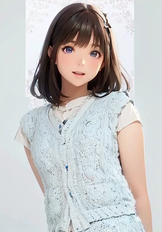 High resolution,In 8K,highest quality,detailed,Semi-realistic anime,Anime 3D Style,Smooth anime CG,One Girl,19-year-old woman in Japan,slim,Modeled,Shiny brown hair,Medium Hair,detailedな顔,Beautiful and detailed,Glowing Skin,(Light blue tweed summer vest),straggling hair,Angelic hairstyle,(Small breasts),((deep ultramarine eyes)),(((Looking into the camera))),((Open your mouth)),((Laughter)),