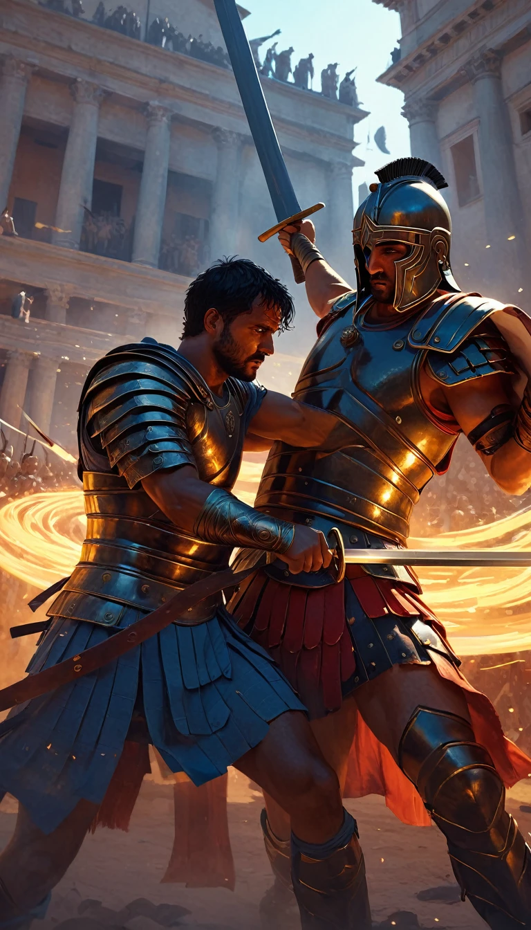 Intense gladiator duel, set in ancient Rome, historical painting., perfect composition, RAW photo, Ultra High Quality, Ultra High Resolution, Surreal, Ultra Precision, Color Correct, Good Lighting Settings, Harmonious Composition, Very Low Noise, Sharp Edges, Award-winning work, graffiti and street art, highly detailed figures, unreal engine, greg rutkowski, loish, rhads, beeple, makoto shinkai and lois van baarle, ilya kuvshinov, rossdraws, tom bagshaw, detail, glowwave, bold lithographic, dotted, iconic, quietly morbid, 32k cell shading, directed by Ridley Scott (black hawk down,gladiator)
